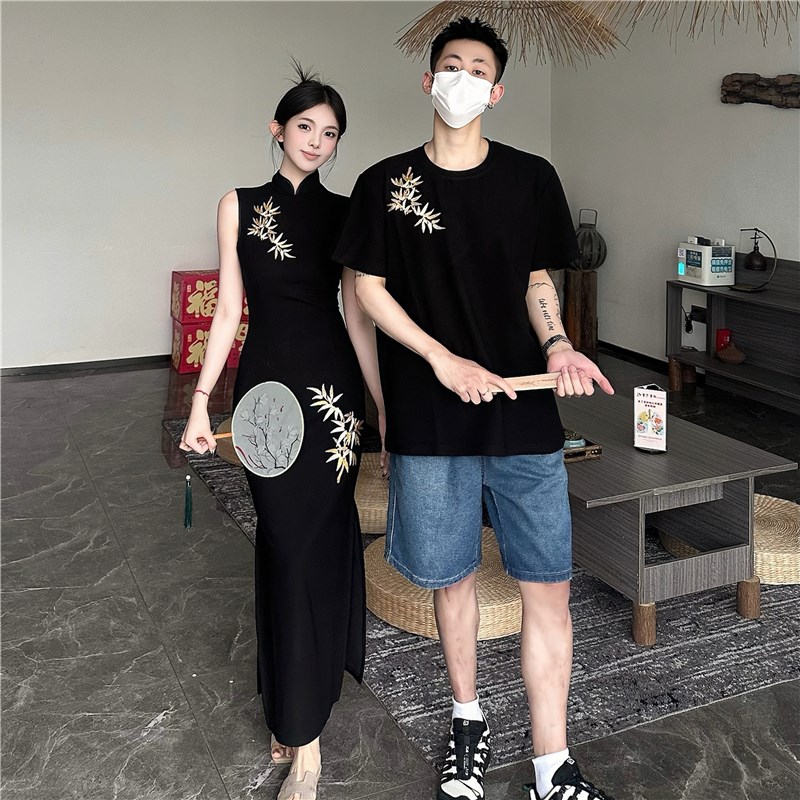 新中式情侣装夏季小众设计感短袖t恤女旗袍连衣裙法式一裙一衣潮