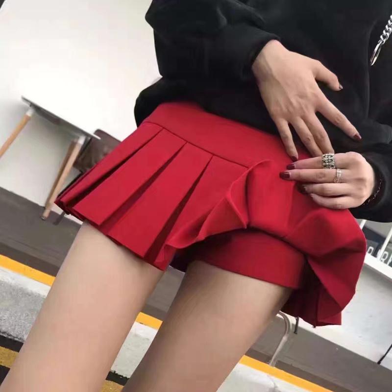 2021春夏新款韩版红色防走光a字百褶裙短裙女秋百褶半身裙 小短裙