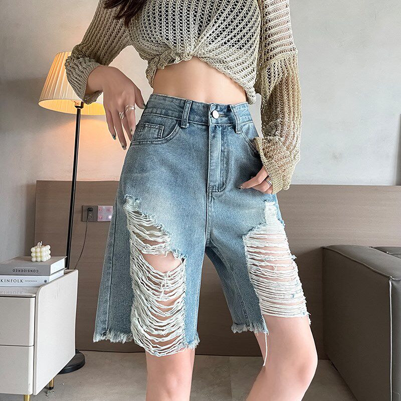 高腰破洞五分牛仔短裤女夏季薄款2025新款乞丐宽松直筒阔腿中裤子