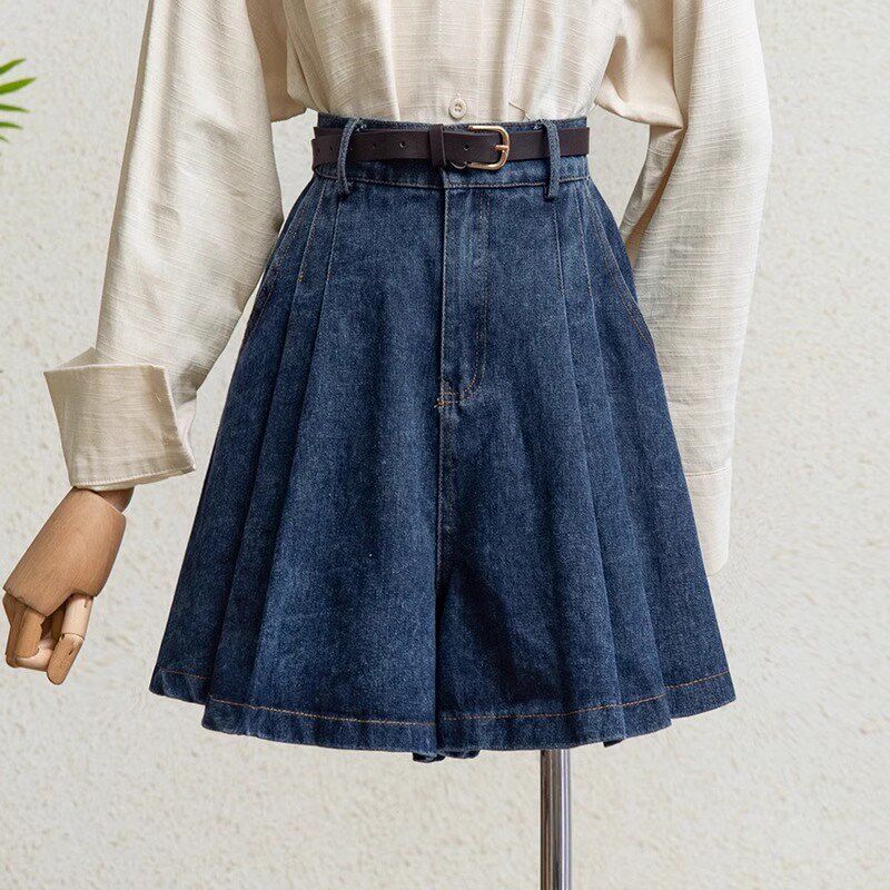 蓝色牛仔短裤女2025夏新款高腰显瘦百褶裙裤小个子气质百搭a字裤