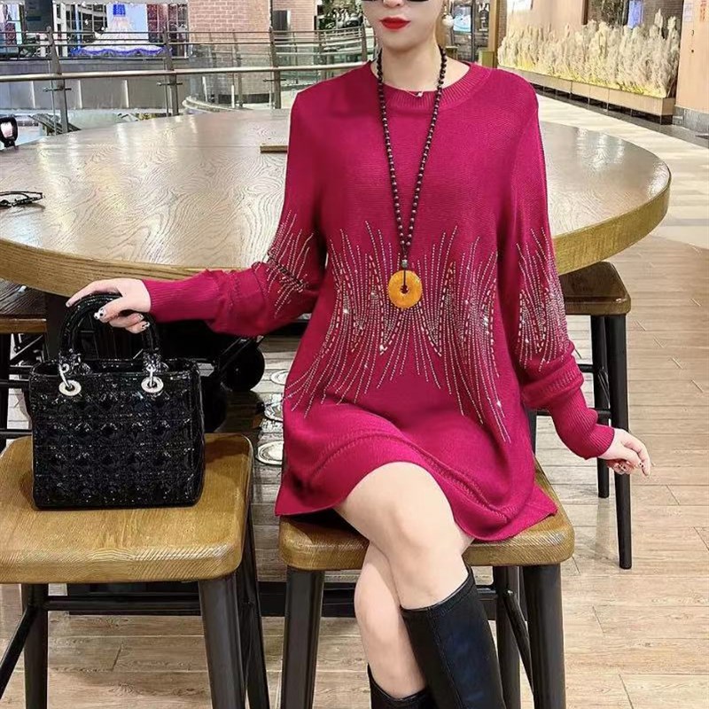 女士毛衣针织衫中长款打底衫小裙子2023春装新款重工烫妈妈百搭