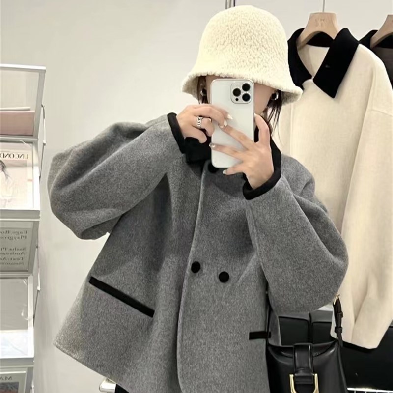 2024秋冬新款双面羊绒大衣女撞色短款翻领羊毛呢子甜美外套上衣