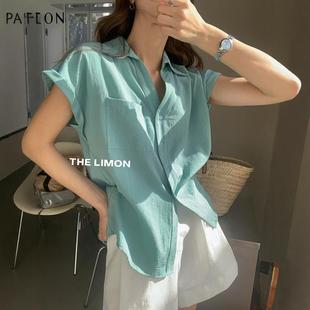 宽松独特漂亮棉麻翻领上衣 韩系高级感小飞袖 polo领短袖 衬衫 女夏季