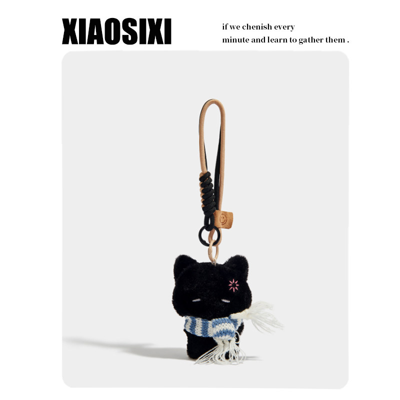 XIAOSIXI原创可爱卡通蓝白围巾小黑猫钥匙扣包包挂件挂饰创意礼物