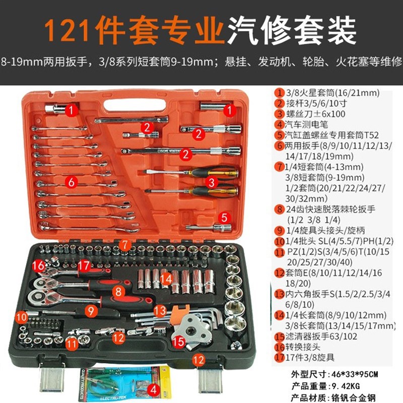 121件套汽修工具套装汽保套筒工具批头工具套装大中小飞组合套筒