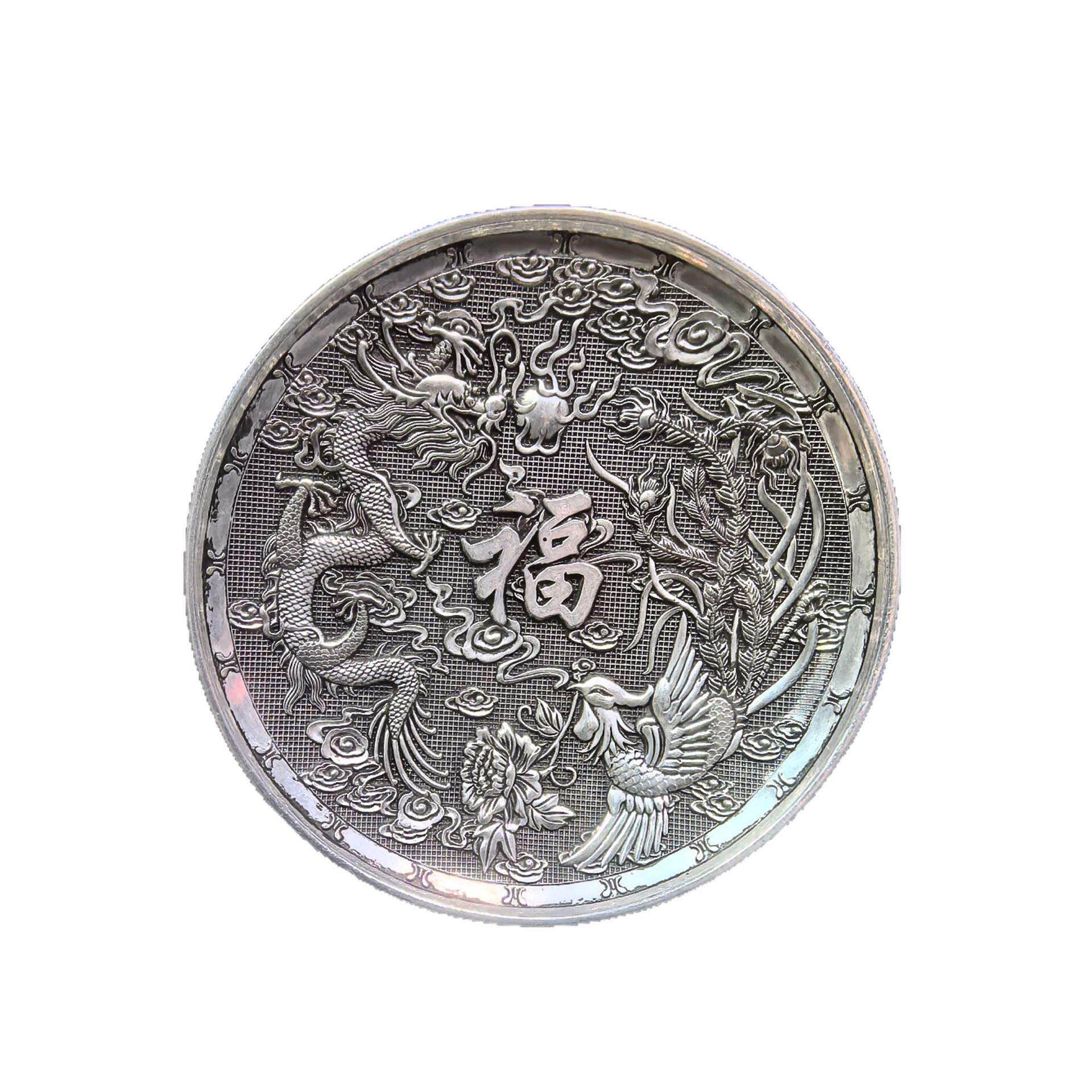 工艺品仿古做旧纯铜复古镀银盘子龙凤福字碟子摆件工艺品