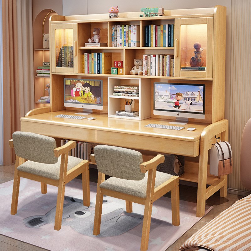 实木双人书桌书架一体电脑桌办公桌家用客厅并排学习写字桌椅组合