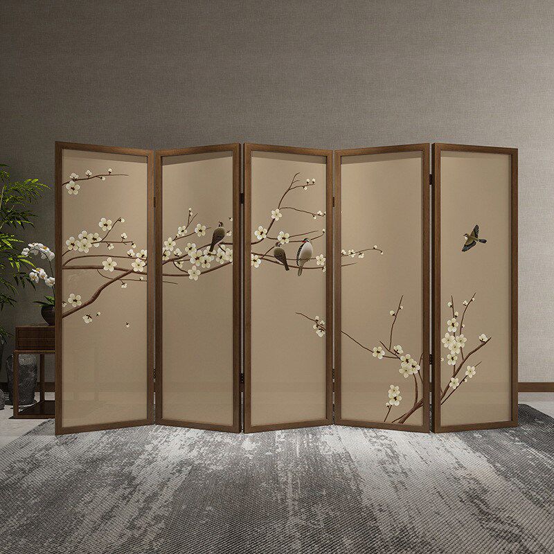 新中式花鸟屏风折叠移动玄关隔断装饰客厅酒店办公室实木折屏遮挡
