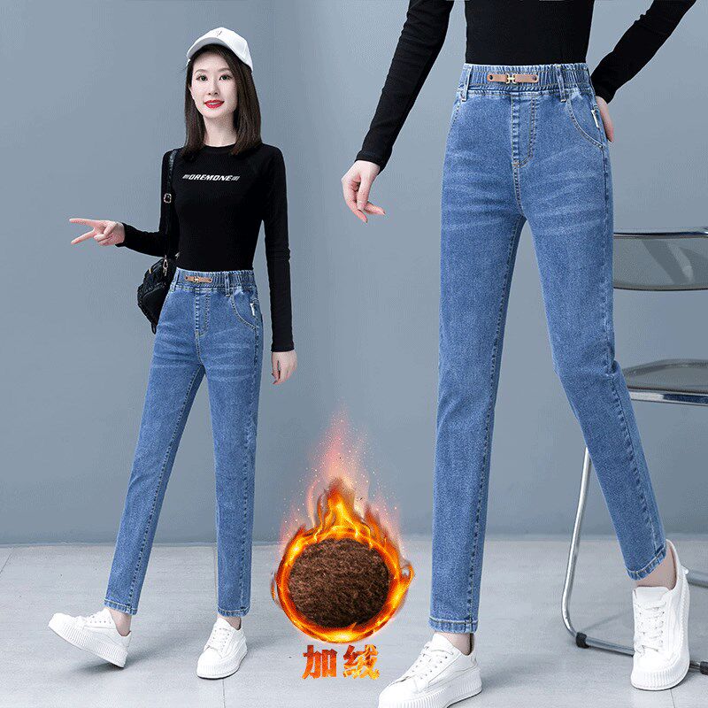 2025秋冬新款高腰松紧腰单裤加绒加厚牛仔裤女弹力显瘦小脚铅笔裤