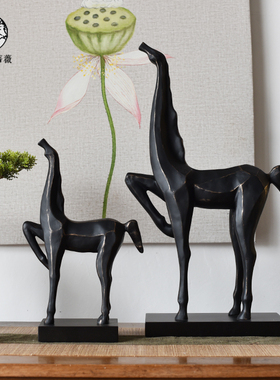 新中式简约黑色马摆件雕塑书房样板房客厅K桌面书柜售楼处软装饰