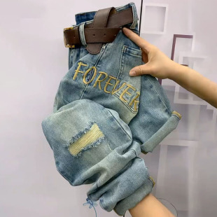 宽松百搭显瘦老爹裤 高腰破洞哈伦牛仔裤 字母大码 新款 女2024春夏季