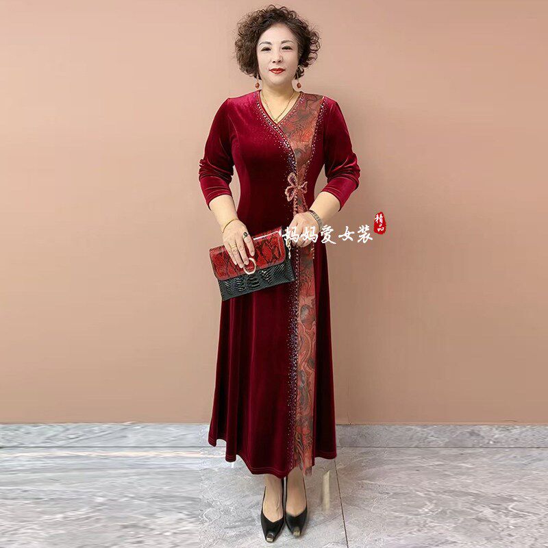 秋冬新款丝绒气质高端假两件连衣裙收腰显瘦遮肉洋气年轻妈妈长裙