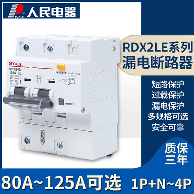 人民电器RDX2LE-125型1P2P3P+N4P80A100A125A 漏电断路器漏保空开