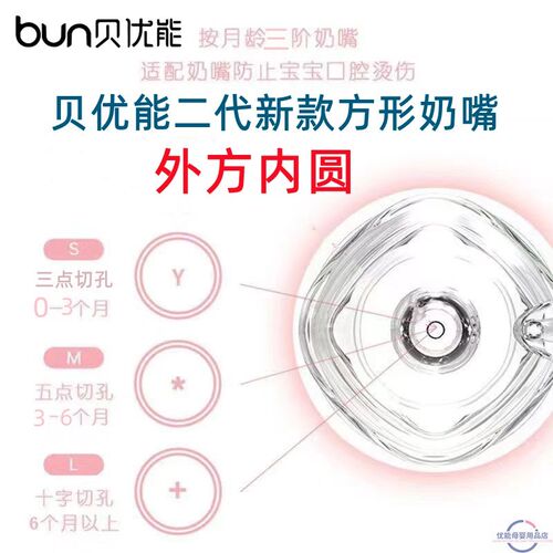 BUN贝优能二代方形奶嘴新款原装新生儿宝宝硅胶防胀气防呛SML号
