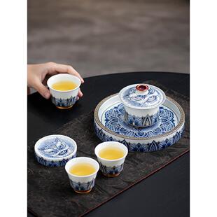 半岭窑墨彩醒狮茶具套装悬停旋转盖碗泡茶碗高档功夫茶具家用茶杯