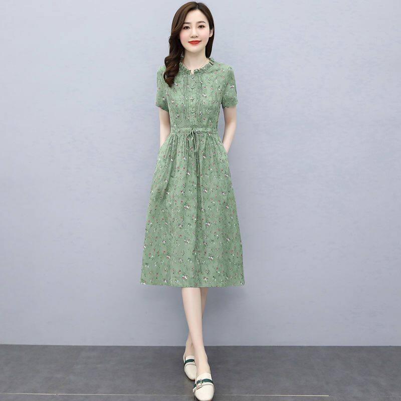 碎花棉麻连衣裙女夏收腰显瘦遮肚气质中长款裙子减龄短袖a字裙薄.
