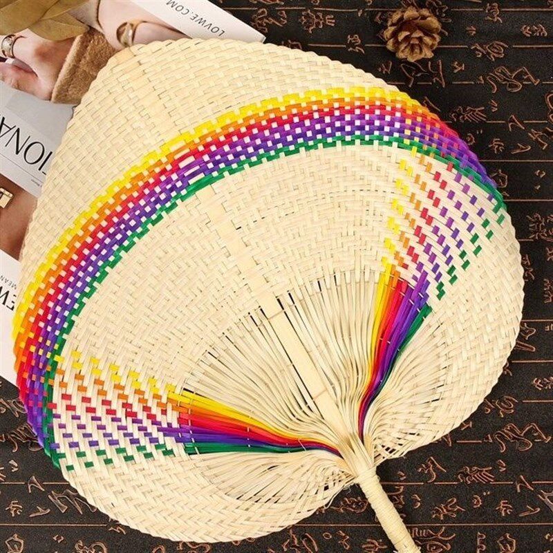 全竹编扇子手工夏天七彩扇编w织蒲扇老式桃心扇大号桃形扇手摇印