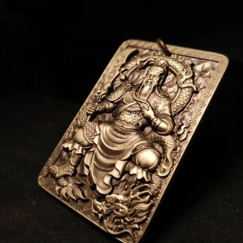 思沛全铜雕刻关公吊坠男款武将关羽挂件男生霸气方牌项链精细复古