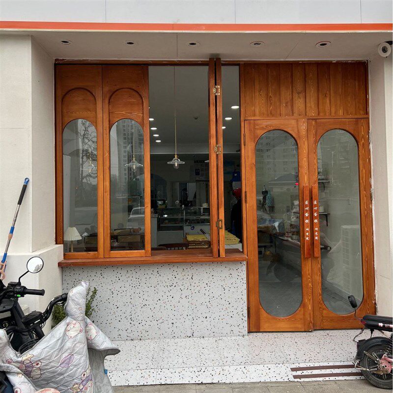 实木入户门定制原木子母门网红店铺甜品店咖啡店民俗折.叠玻璃门