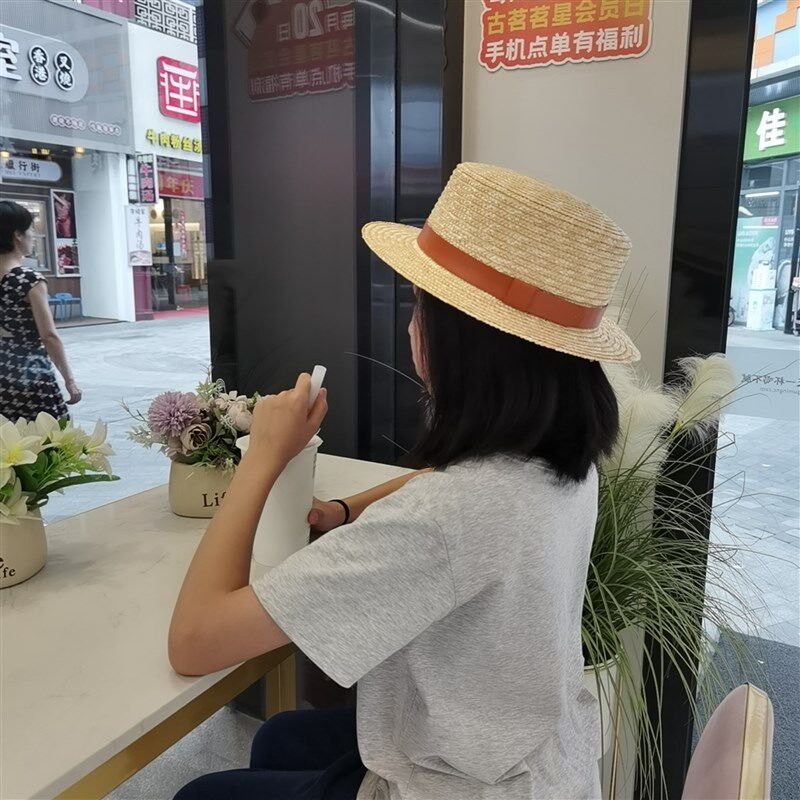 韩版春夏新款皮带装饰儿童麦秆平顶草帽户外旅游度假遮阳防晒草帽
