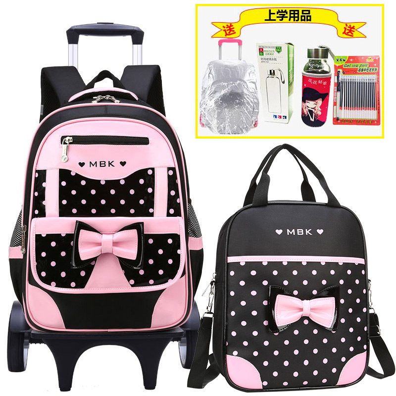 儿童拉杆书包小学生女孩PU皮x免洗防水爬楼梯背拖手拉式两用可拆