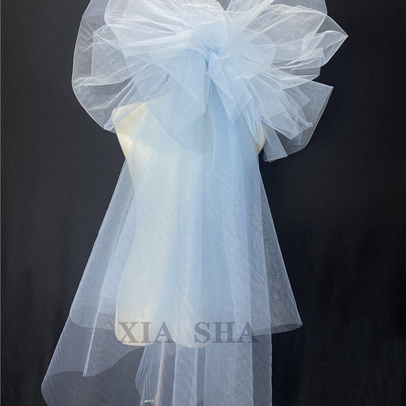 蓝色新娘婚纱礼服结婚头纱硬纱云朵蓬蓬造型三层影楼旅拍造型纱