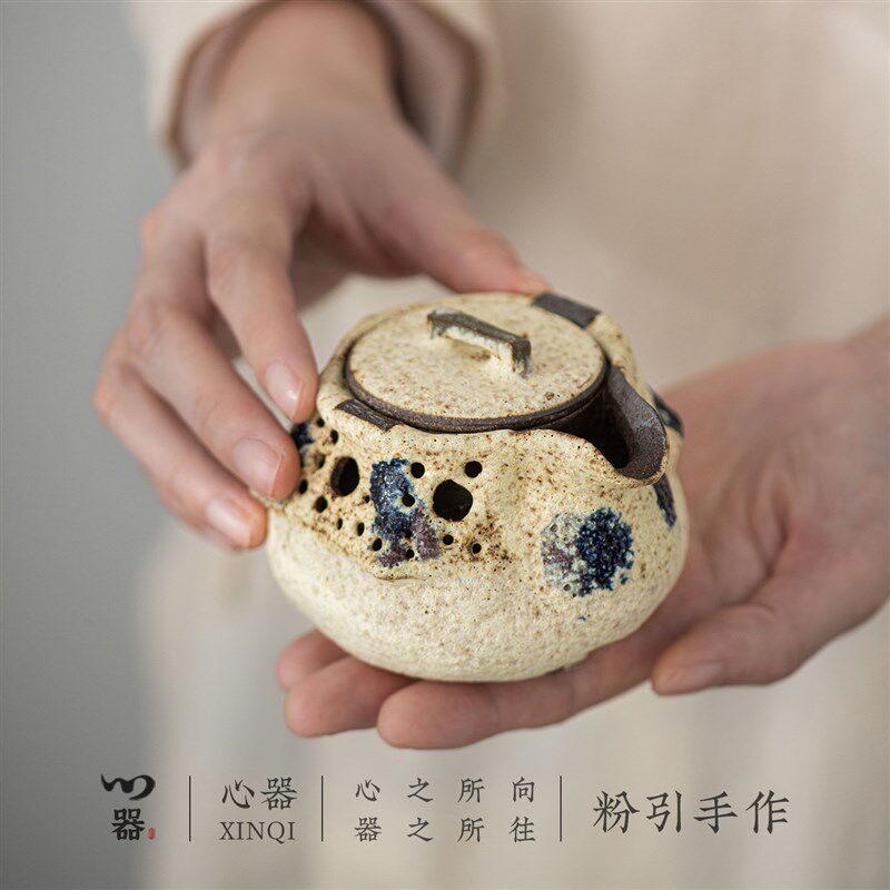梦手作粉引双层手抓壶茶壶泡茶家用侘寂风茶具防烫单个高档陶瓷