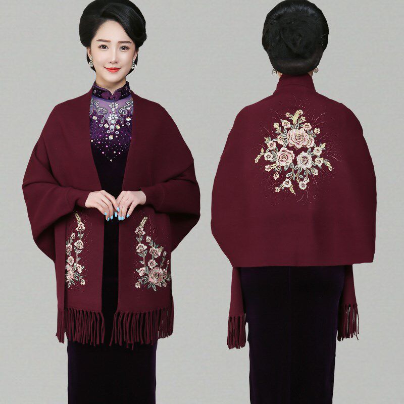 秋冬季女羊绒带袖子流苏披肩外搭妈妈婚礼高端配旗袍加厚斗篷外套