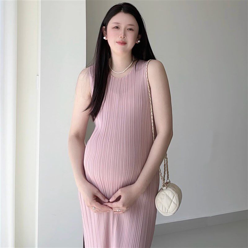 孕妇装背心裙夏季褶皱气质高级感简约修身显瘦无袖连衣裙包臀长裙