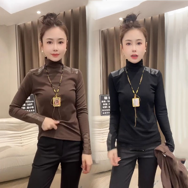 2025秋冬新款简约拼接长袖遮肉打底衫女高领洋气修身显瘦T恤上衣