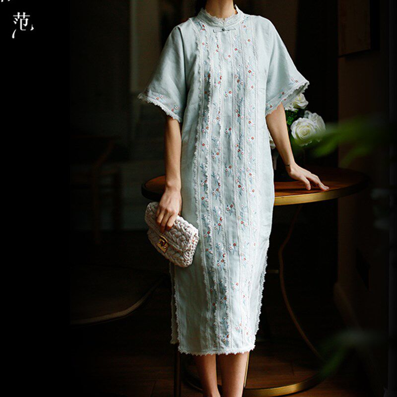 江南范常穿少年旗袍夏装妇女日常优雅小清新苎麻改良旗袍