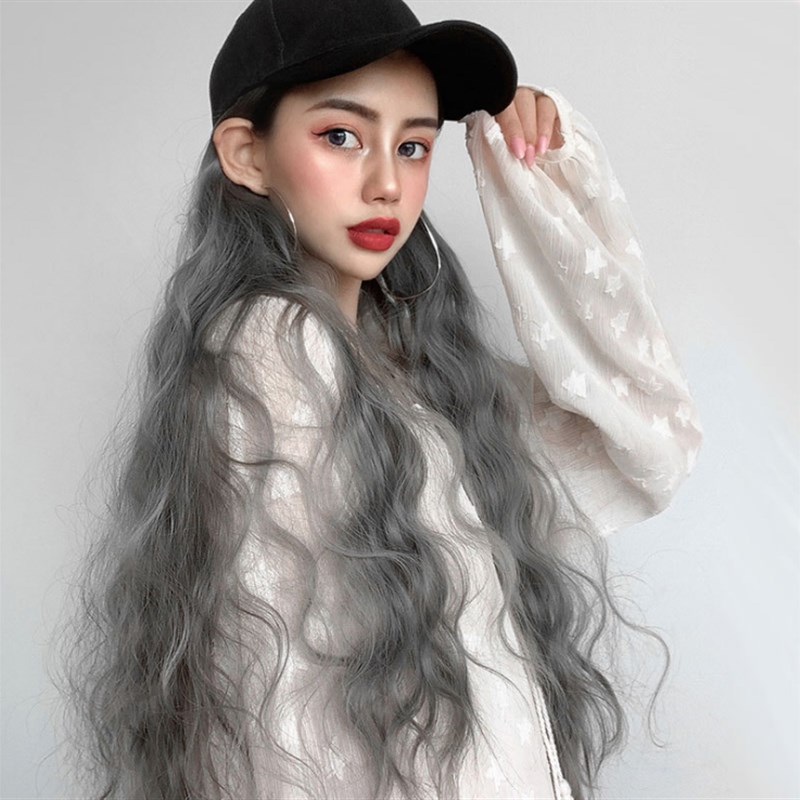 女长款卷假帽子一体玉米烫长卷发假发全头大波浪假头发奶奶灰整头