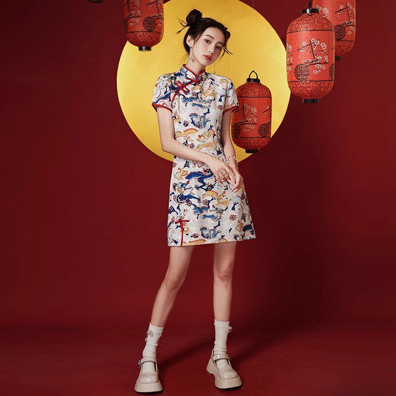 国潮风旗袍女夏季2024新款改良新中式年轻款少女连衣裙小个子短款