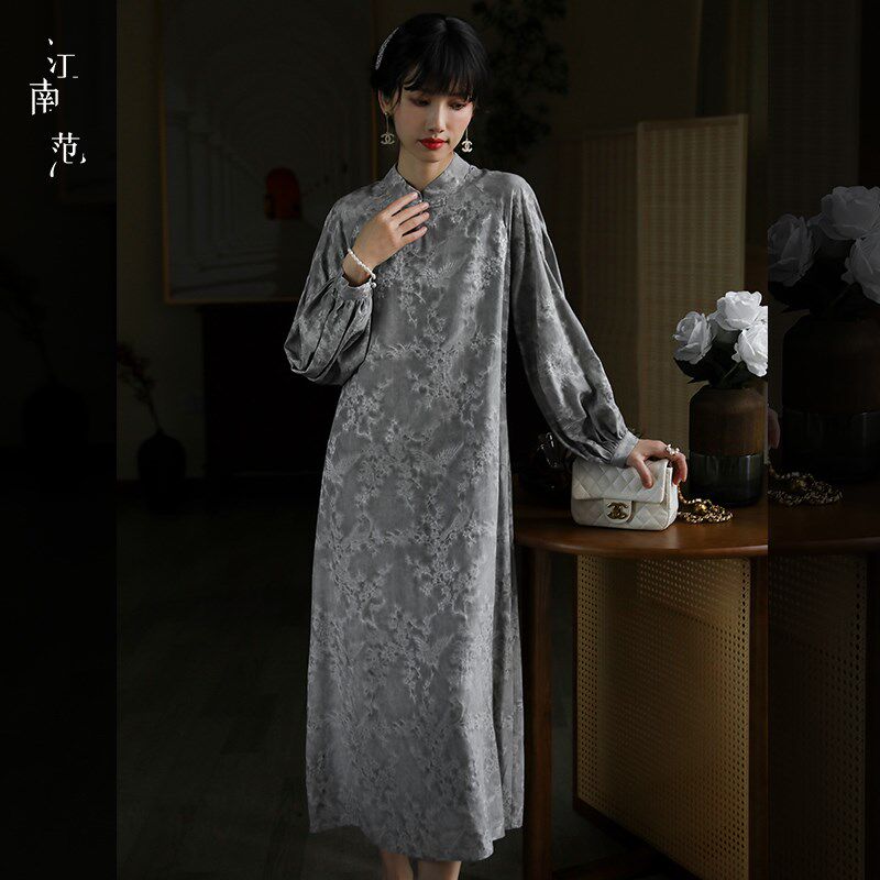 江南范现代初秋旗袍微胖女孩遮肚子祺袍女宽松长款休闲年轻少女款