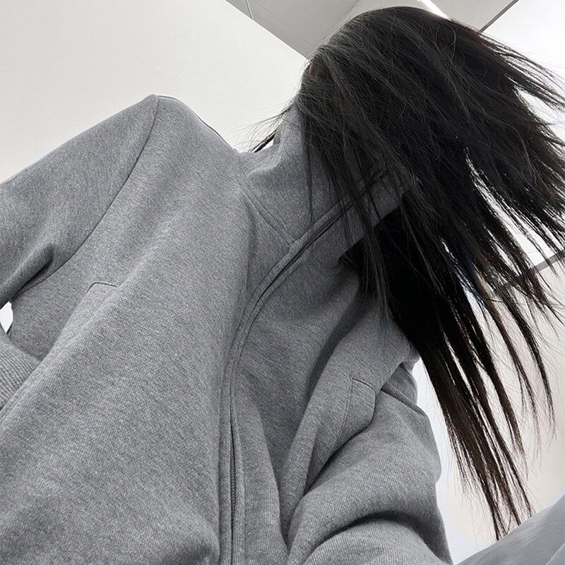 灰色短款立领卫衣开衫外套女款秋冬2024新款小个子双拉链高领上衣