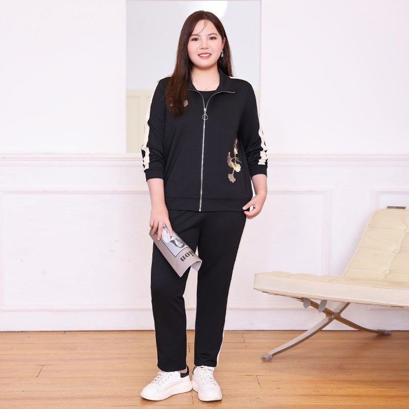 布松大码女装刺绣卫衣套装2025春装新款拉链上衣显瘦胖妈妈运动服