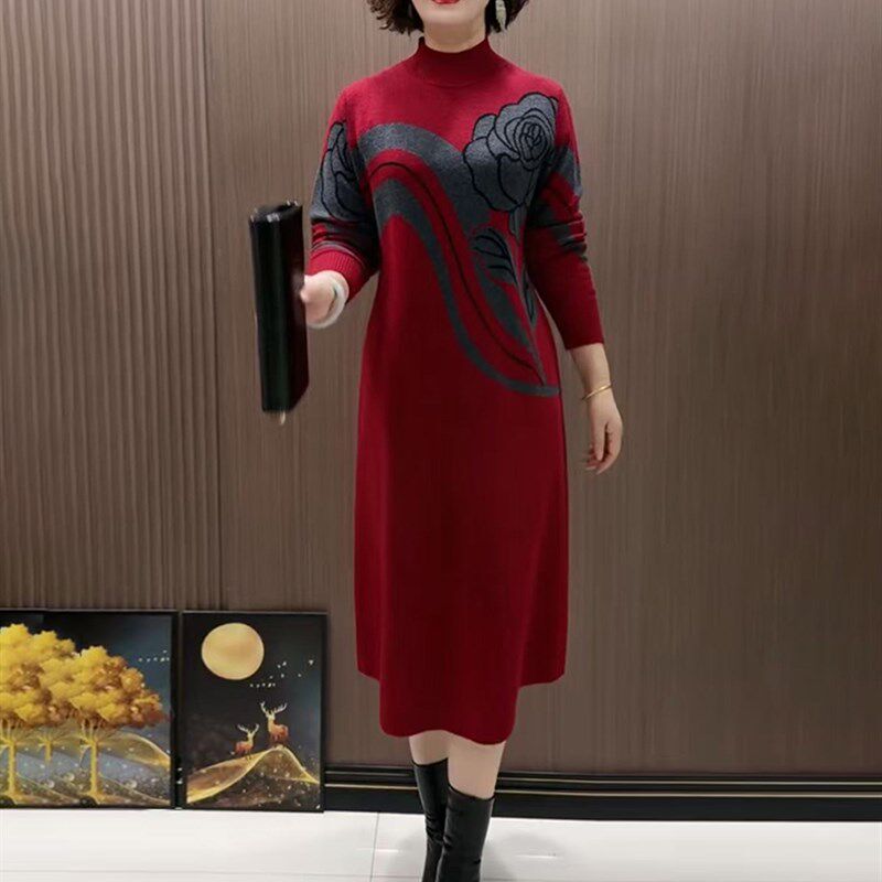 宽松妈妈秋冬针织连衣裙中年女洋气打底毛衣中老年冬装中长款裙子