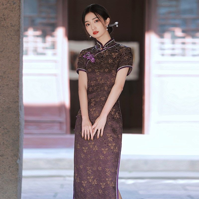 锦缎旗袍短袖长款2025年春夏季新款年轻款女高级感走秀演出中国风