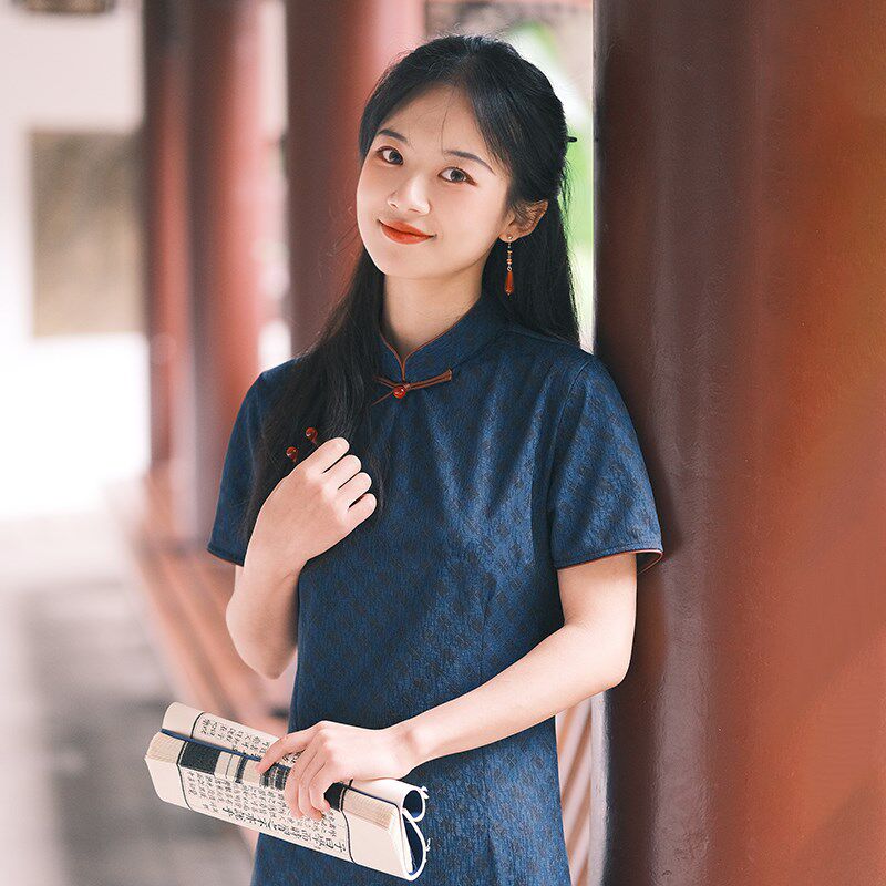锦绣依人蓝色旗袍民国风女装夏季改良年轻款学生短款新中式小个子