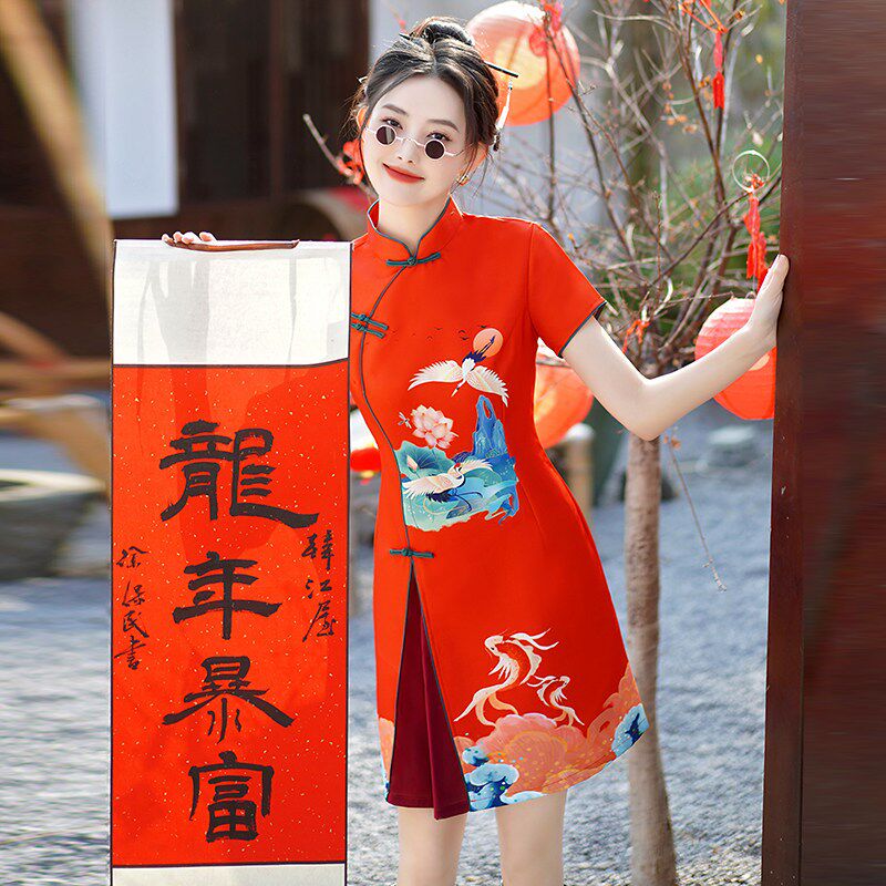 红色国潮旗袍2025夏新款年轻款少女改良版拼接新中式短款女裙子