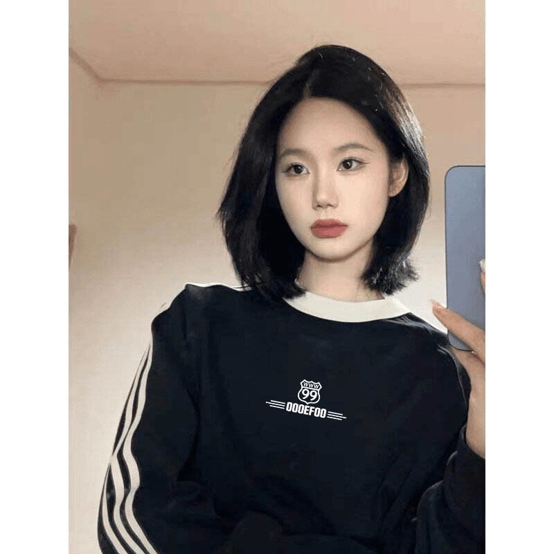 初秋穿搭韩系慵懒风无帽卫衣女2024新款爆款黑色圆领大码胖mm宽松