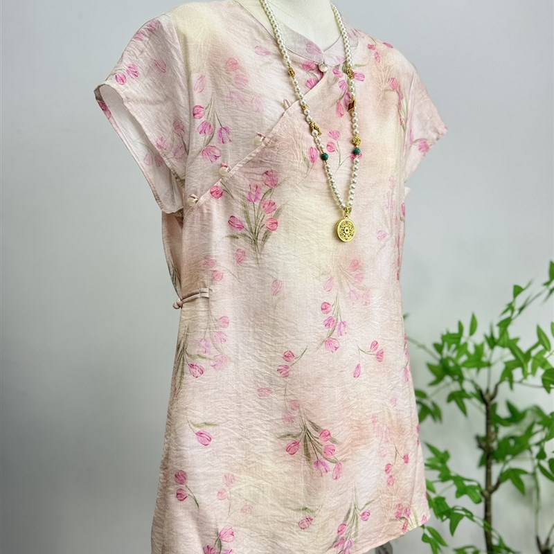 新中式短款连衣裙国风丝麻改良版旗袍裙棉麻无袖收腰显瘦裙子衬衫