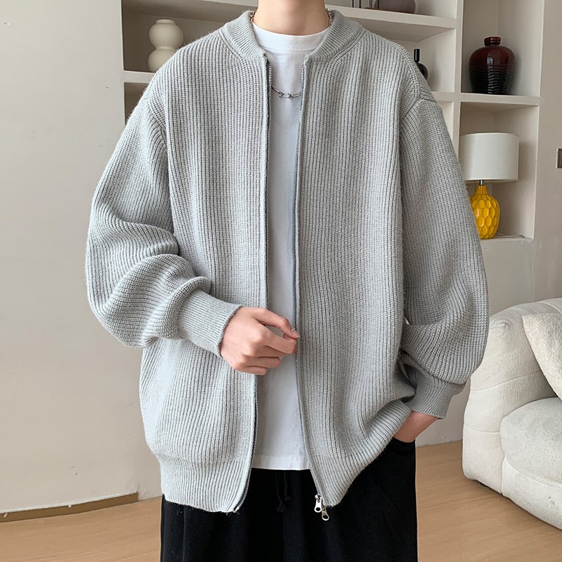 棒球领外套男款春秋季2025新款潮流针织上衣服宽松纯色青少年夹克