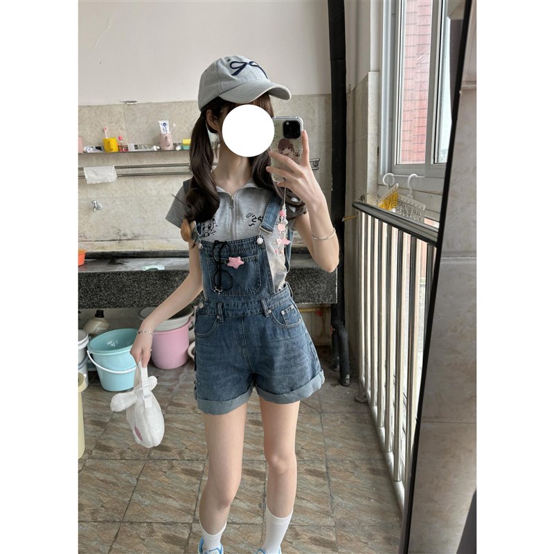 美式复古牛仔背带裤女夏季小个子2025新款设计感显瘦修身连体短裤