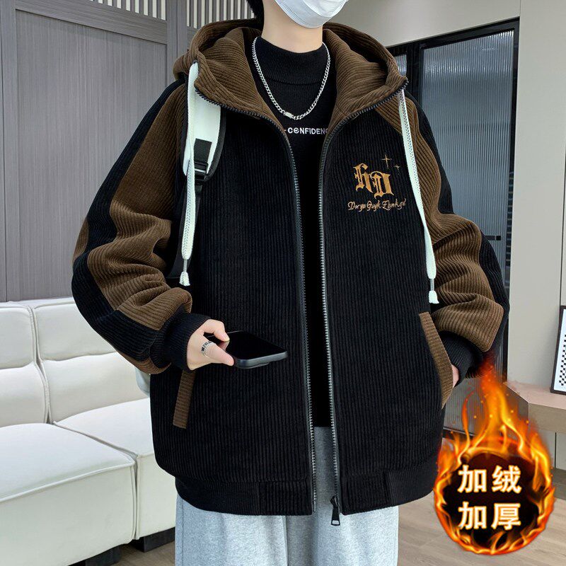 加绒加厚外套男孩初高中学生棒球服夹克青少年大童连帽棉衣男装士