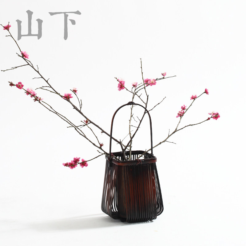 竹编花插花器 花l篮瓶茶艺插花空间茶席茶台摆件日式浸漆竹工艺品