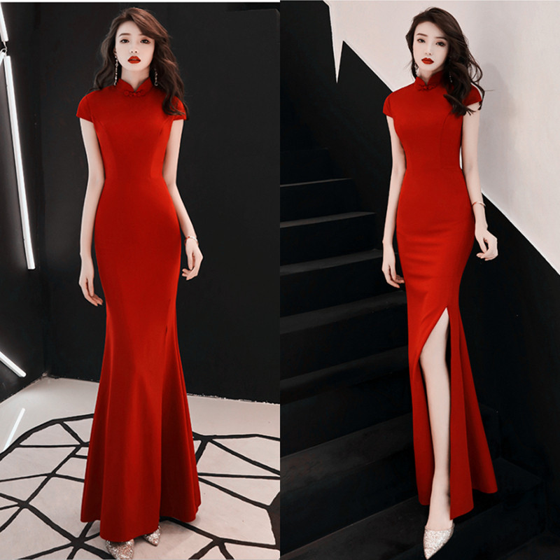 晚礼服女2021新款旗袍式端庄大气年会主持人长裙连衣裙宴会敬酒服