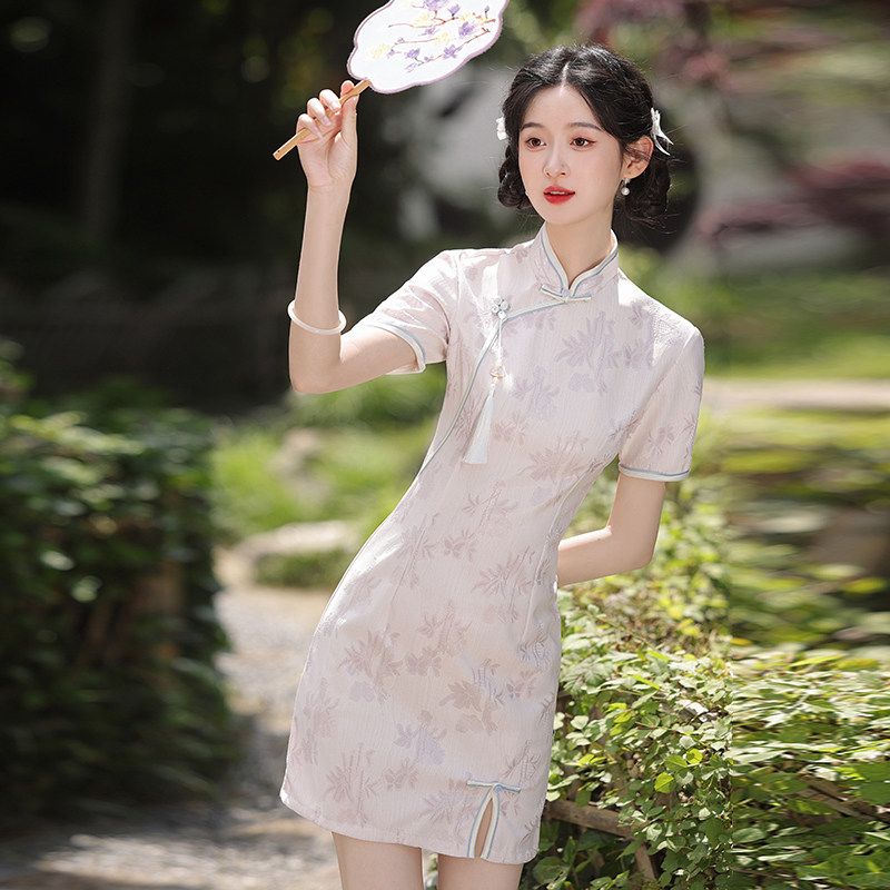 小个子旗袍清新紫色改良少女年轻款夏季2024新款新中式短款连衣裙