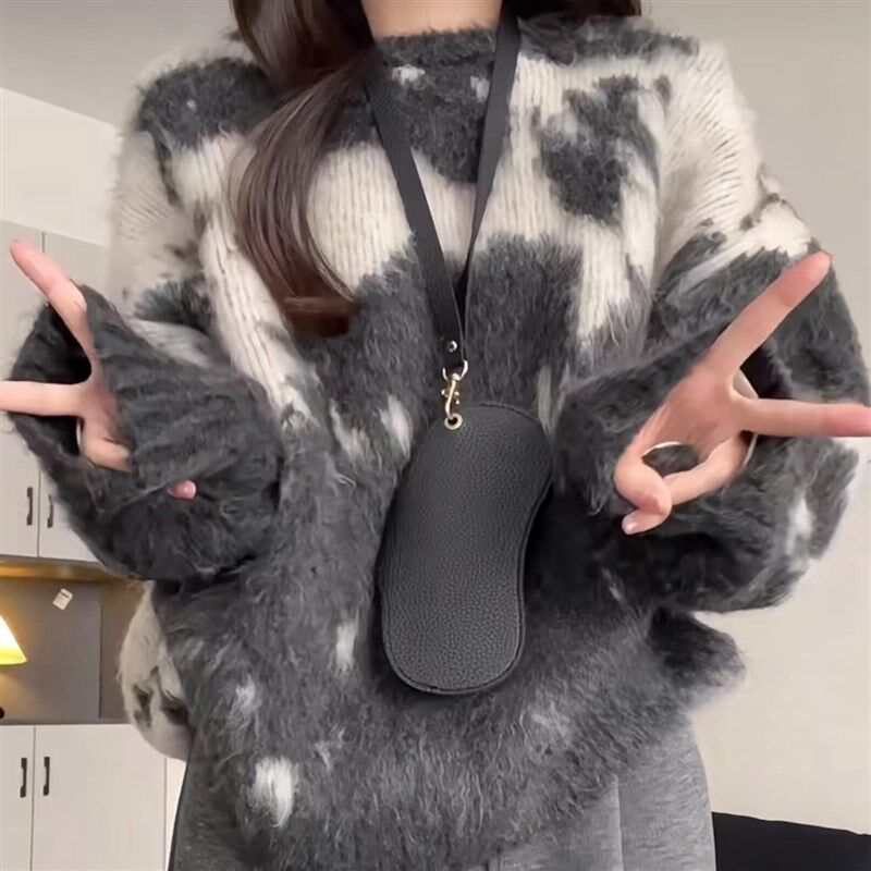 加厚版!慵懒风灰色撞色拉绒套头毛衣女秋冬新款韩版宽松针织衫潮