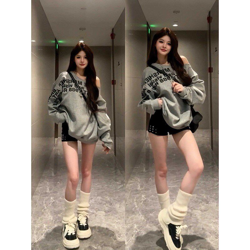 大码胖mm美式复古灰色露肩卫衣女秋新款宽松慵懒风设计感小众上衣